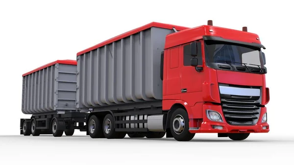 Grande camion rosso con rimorchio separato, per il trasporto di materiali e prodotti agricoli e da costruzione alla rinfusa. rendering 3d . — Foto Stock