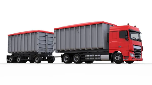Camión rojo grande con remolque separado, para el transporte de materiales y productos agrícolas y de construcción a granel. renderizado 3d . — Foto de Stock