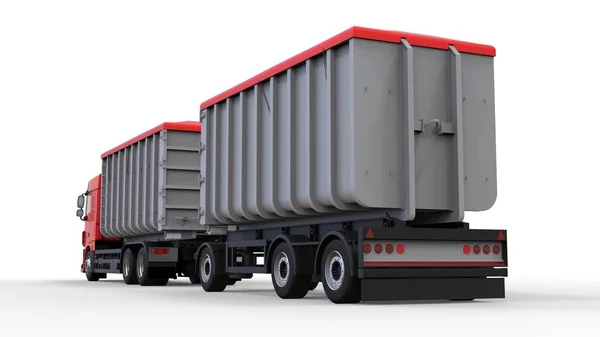 Nagy piros teherautó külön pótkocsi, a közlekedési, mezőgazdasági és építési ömlesztett anyagok és termékek. 3D-leképezés. — Stock Fotó