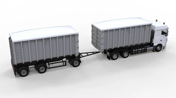 Großer weißer LKW mit separatem Anhänger, für den Transport von landwirtschaftlichen und Baumaterialien und Produkten. 3D-Darstellung. — Stockfoto