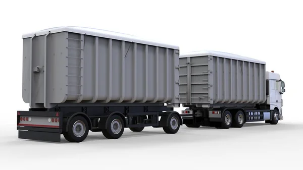 農業と建築のバルク材料、製品の輸送の別のトレーラーと大型の白いトラック。3 d レンダリング. — ストック写真
