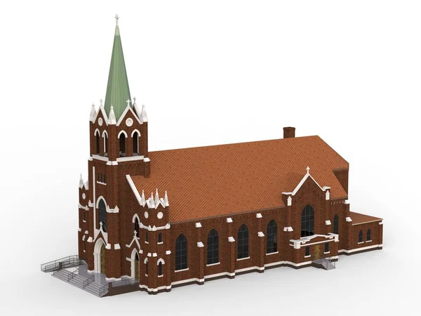 Byggnaden av den katolska kyrkan, utsikt från olika sidor. Tredimensionell illustration på vit bakgrund. 3D-rendering. — Stockfoto