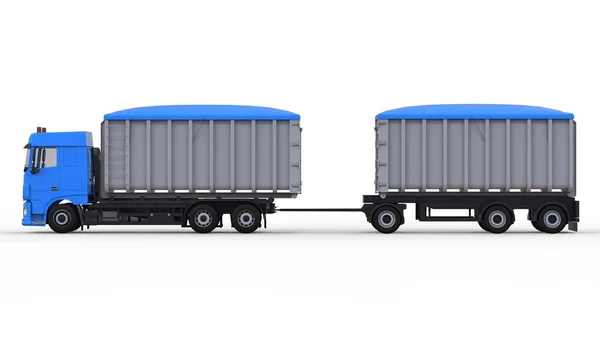 Großer blauer LKW mit separatem Anhänger für den Transport von landwirtschaftlichen und Baumaterialien und Produkten. 3D-Darstellung. — Stockfoto