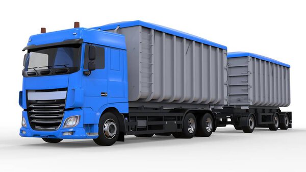 Large blue truck with separate trailer, for transportation of agricultural and building bulk materials and products. 3d rendering.