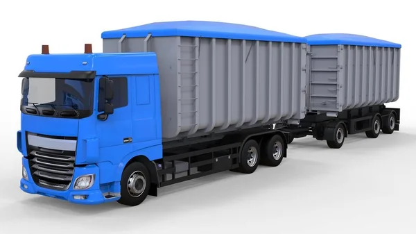 Большой синий грузовик с отдельным прицепом, для перевозки сельскохозяйственных и строительных сыпучих материалов и продукции. 3d-рендеринг . — стоковое фото
