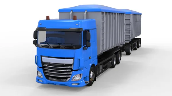 Großer blauer LKW mit separatem Anhänger für den Transport von landwirtschaftlichen und Baumaterialien und Produkten. 3D-Darstellung. — Stockfoto