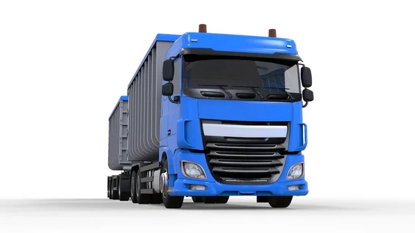 Großer blauer LKW mit separatem Anhänger für den Transport von landwirtschaftlichen und Baumaterialien und Produkten. 3D-Darstellung. — Stockfoto