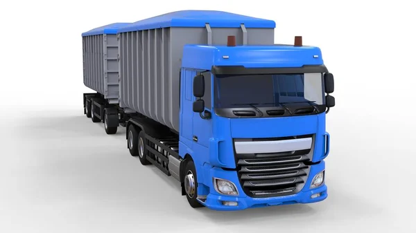 Truk biru besar dengan trailer terpisah, untuk transportasi bahan dan produk pertanian dan bangunan massal. Rendering 3d . — Stok Foto