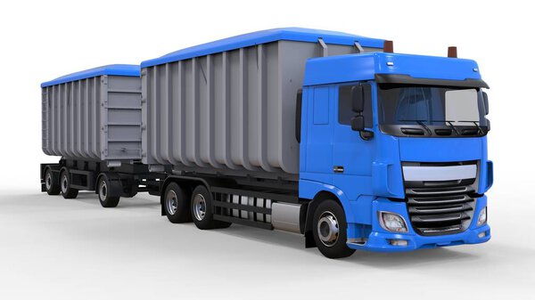 Large blue truck with separate trailer, for transportation of agricultural and building bulk materials and products. 3d rendering.