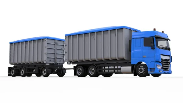Grande caminhão azul com reboque separado, para o transporte de materiais e produtos agrícolas e de construção a granel. Renderização 3d . — Fotografia de Stock