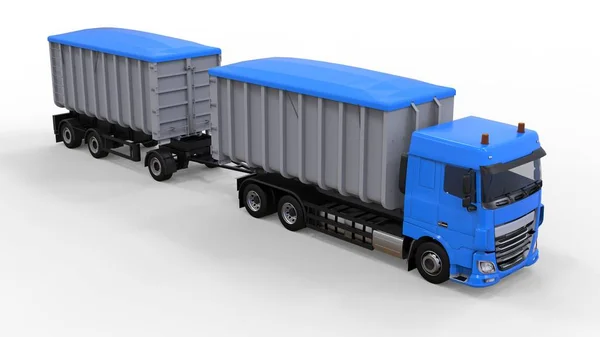 Großer blauer LKW mit separatem Anhänger für den Transport von landwirtschaftlichen und Baumaterialien und Produkten. 3D-Darstellung. — Stockfoto