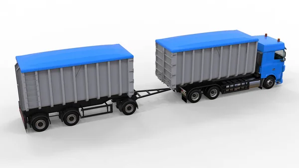 Großer blauer LKW mit separatem Anhänger für den Transport von landwirtschaftlichen und Baumaterialien und Produkten. 3D-Darstellung. — Stockfoto