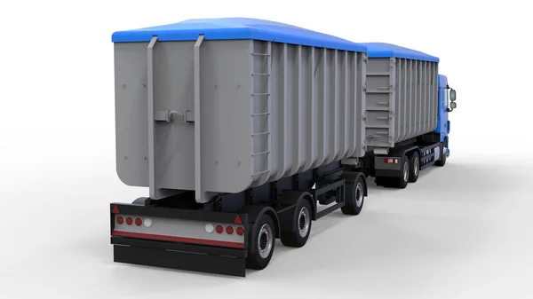 Grote blauwe vrachtwagen met aparte trailer, voor het vervoer van de landbouw en de bouw stortgoederen en producten. 3D-rendering. — Stockfoto