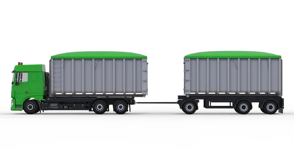 Großer grüner LKW mit separatem Anhänger für den Transport von landwirtschaftlichen und Baumaterialien und Produkten. 3D-Darstellung. — Stockfoto