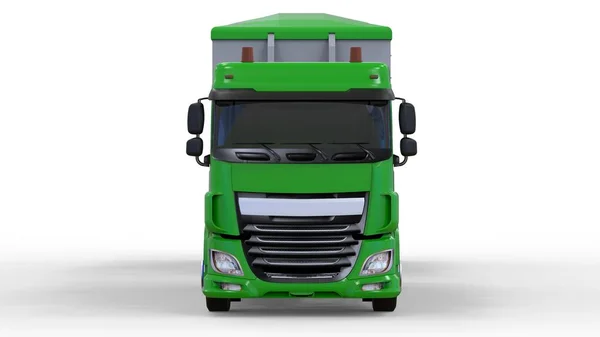 Truk hijau besar dengan trailer terpisah, untuk transportasi bahan dan produk massal pertanian dan bangunan. Rendering 3d . — Stok Foto