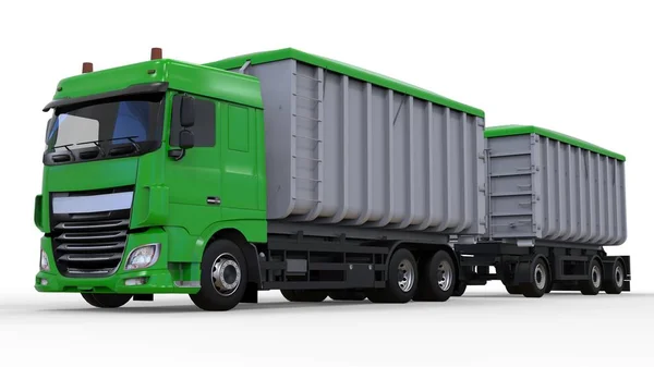 Μεγάλο πράσινο φορτηγό με ρυμουλκούμενο ξεχωριστά, για τη μεταφορά των χύμα γεωργικά και οικοδομικά υλικά και προϊόντα. 3D rendering. — Φωτογραφία Αρχείου