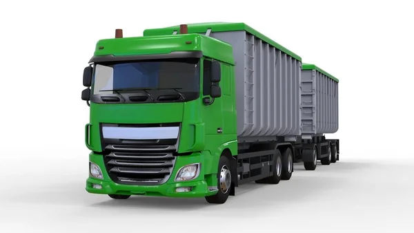 Großer grüner LKW mit separatem Anhänger für den Transport von landwirtschaftlichen und Baumaterialien und Produkten. 3D-Darstellung. — Stockfoto