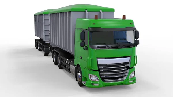 Gran camión verde con remolque separado, para el transporte de materiales y productos agrícolas y de construcción a granel. renderizado 3d . — Foto de Stock