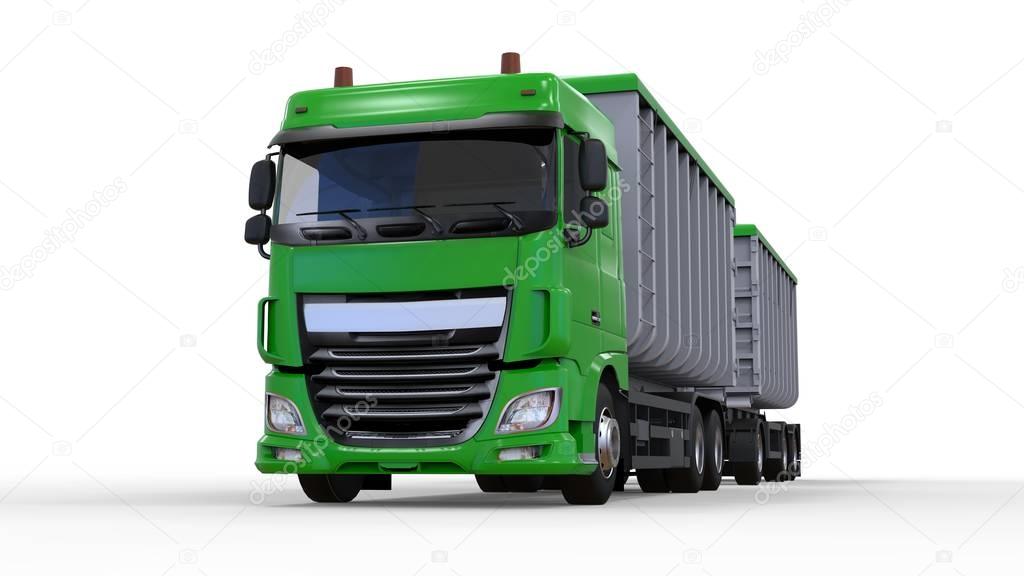 Large green truck with separate trailer, for transportation of agricultural and building bulk materials and products. 3d rendering.