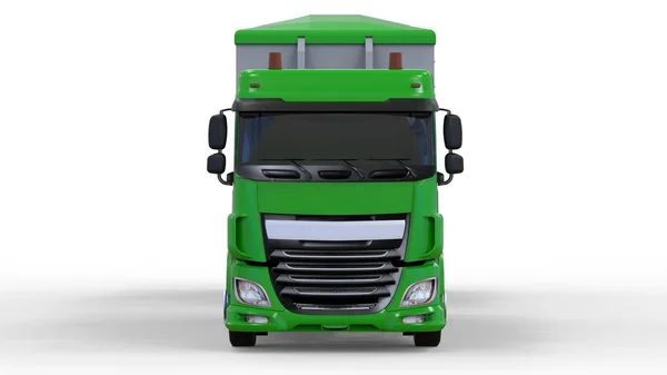 Großer grüner LKW mit separatem Anhänger für den Transport von landwirtschaftlichen und Baumaterialien und Produkten. 3D-Darstellung. — Stockfoto