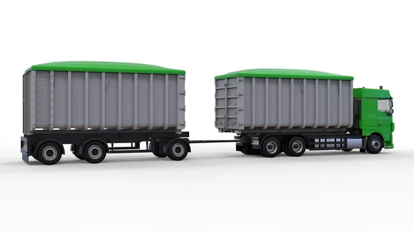 Grand camion vert avec remorque séparée, pour le transport de matériaux et de produits agricoles et de construction en vrac. Rendu 3d . — Photo