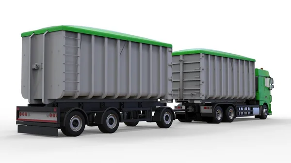 Stor grön lastbil med separat trailer, för transport av jordbruks- och byggnads bulkmaterial och produkter. 3D-rendering. — Stockfoto