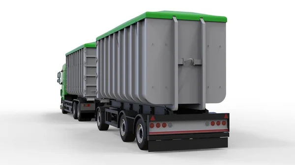 Grande caminhão verde com reboque separado, para o transporte de materiais e produtos agrícolas e de construção a granel. Renderização 3d . — Fotografia de Stock