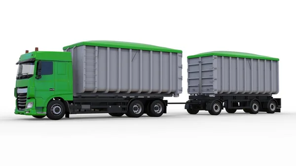 Stor grön lastbil med separat trailer, för transport av jordbruks- och byggnads bulkmaterial och produkter. 3D-rendering. — Stockfoto