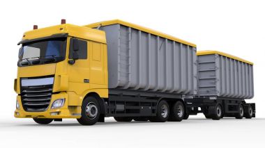 Büyük sarı kamyon nakliye tarım ve bina hacim materyalleri ve ürünleri için ayrı römork ile. 3D render.