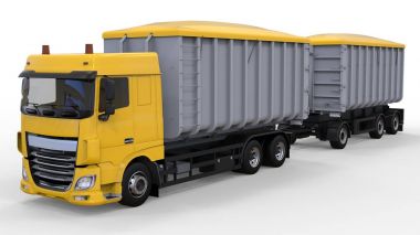 Büyük sarı kamyon nakliye tarım ve bina hacim materyalleri ve ürünleri için ayrı römork ile. 3D render.