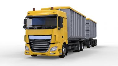 Büyük sarı kamyon nakliye tarım ve bina hacim materyalleri ve ürünleri için ayrı römork ile. 3D render.