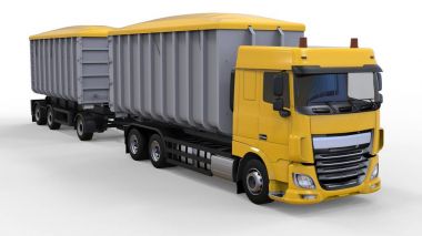 Büyük sarı kamyon nakliye tarım ve bina hacim materyalleri ve ürünleri için ayrı römork ile. 3D render.