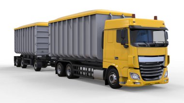 Büyük sarı kamyon nakliye tarım ve bina hacim materyalleri ve ürünleri için ayrı römork ile. 3D render.