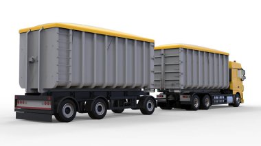 Büyük sarı kamyon nakliye tarım ve bina hacim materyalleri ve ürünleri için ayrı römork ile. 3D render.