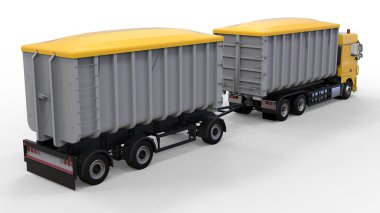 Büyük sarı kamyon nakliye tarım ve bina hacim materyalleri ve ürünleri için ayrı römork ile. 3D render.