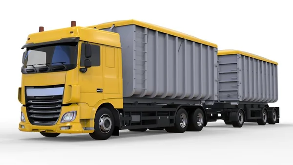 Μεγάλο κίτρινο φορτηγό με ρυμουλκούμενο ξεχωριστά, για τη μεταφορά των χύμα γεωργικά και οικοδομικά υλικά και προϊόντα. 3D rendering. — Φωτογραφία Αρχείου