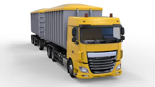 Großer gelber LKW mit separatem Anhänger für den Transport von landwirtschaftlichen und Baumaterialien und Produkten. 3D-Darstellung. — Stockfoto