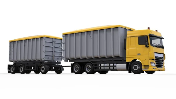 Stor gul lastbil med separat trailer, för transport av jordbruks- och byggnads bulkmaterial och produkter. 3D-rendering. — Stockfoto