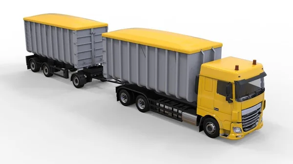 Großer gelber LKW mit separatem Anhänger für den Transport von landwirtschaftlichen und Baumaterialien und Produkten. 3D-Darstellung. — Stockfoto