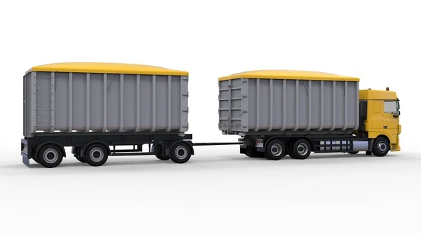 Großer gelber LKW mit separatem Anhänger für den Transport von landwirtschaftlichen und Baumaterialien und Produkten. 3D-Darstellung. — Stockfoto