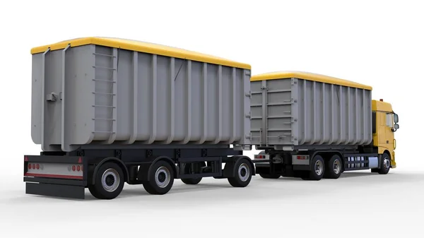 농업과 건축 대량 재료 및 제품의 운송에 대 한 별도 트레일러와 함께 큰 노란색 트럭. 3 차원 렌더링. — 스톡 사진