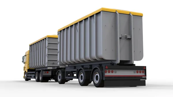 Nagy sárga színű kamiont külön pótkocsi, a közlekedési, mezőgazdasági és építési ömlesztett anyagok és termékek. 3D-leképezés. — Stock Fotó