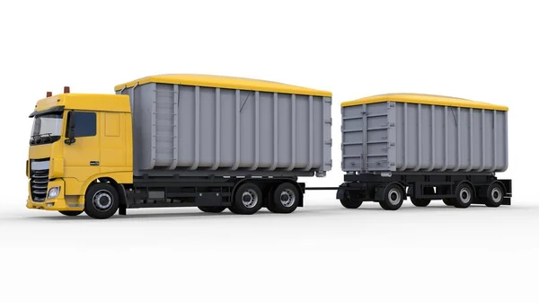農業と建築のバルク材料、製品の輸送の別のトレーラーに大きな黄色のトラック。3 d レンダリング. — ストック写真