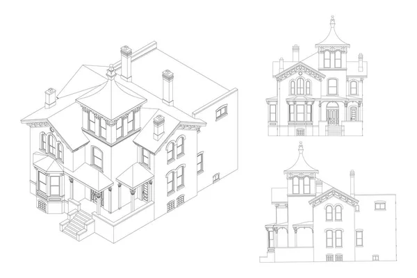 Oud huis in Victoriaanse stijl. Illustratie op witte achtergrond. Soorten van verschillende kanten. — Stockvector