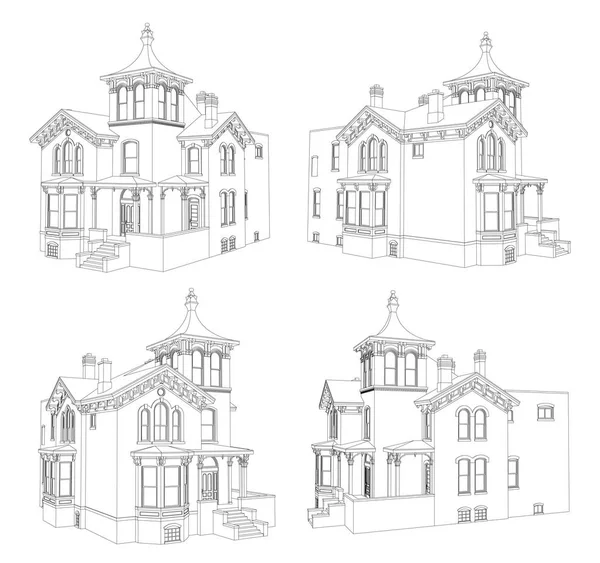 Altes Haus im viktorianischen Stil. Illustration auf weißem Hintergrund. Arten von verschiedenen Seiten. — Stockvektor