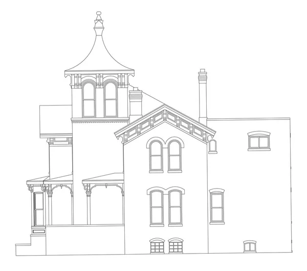 Stary dom w stylu wiktoriańskim. Ilustracja na białym tle. Gatunki z różnych stron. — Wektor stockowy