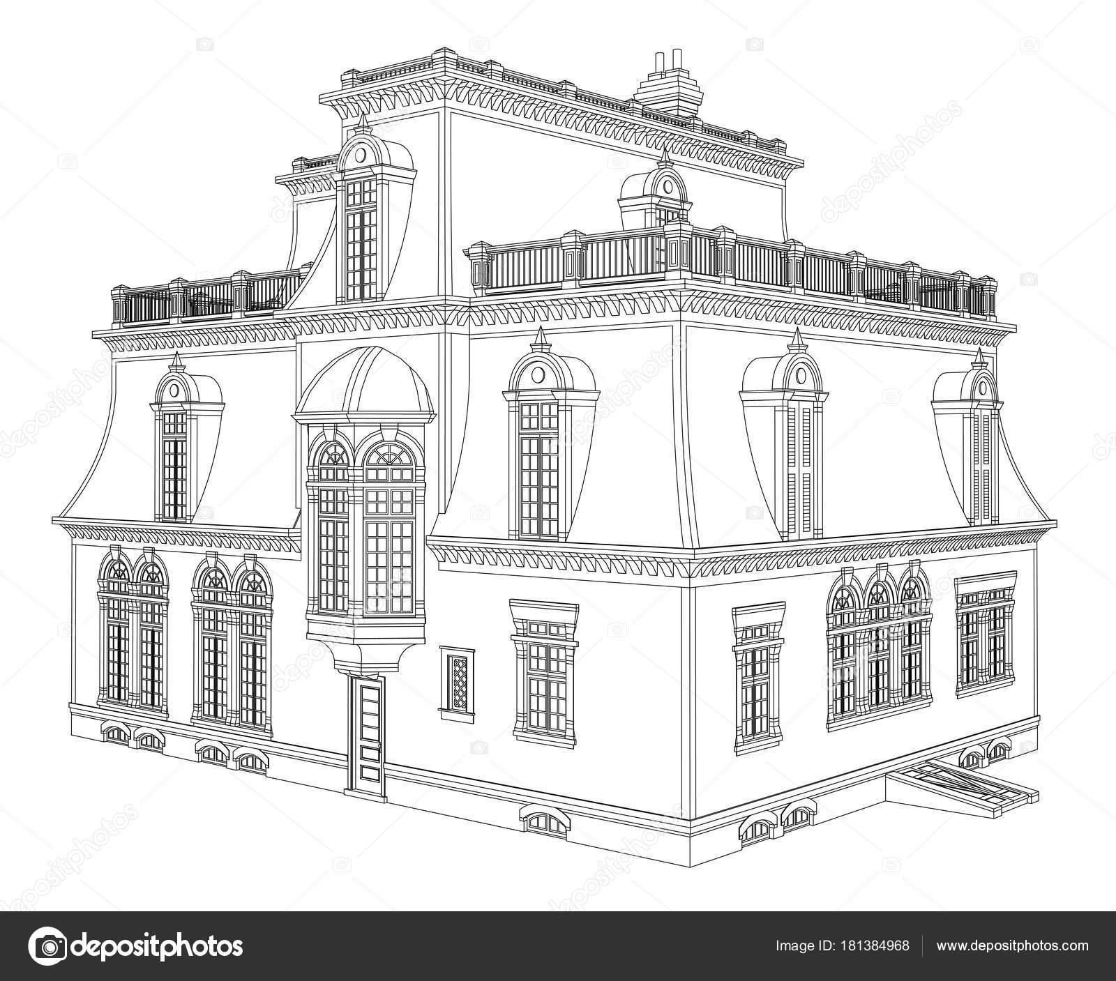 old house in victorian style illustration on white background black and white old house