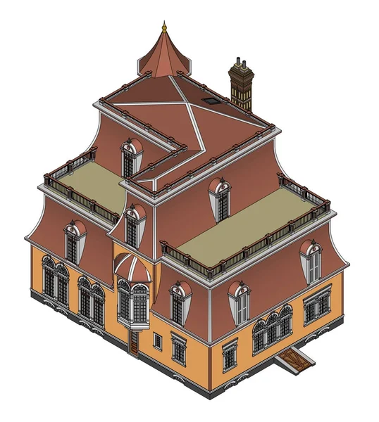 Oud huis in Victoriaanse stijl. Illustratie op witte achtergrond. Soorten van verschillende kanten. — Stockvector