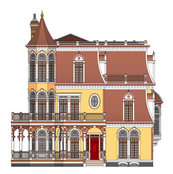 ビクトリア朝様式の古い家。白い背景の上の図。さまざまな側面から種. — ストックベクタ