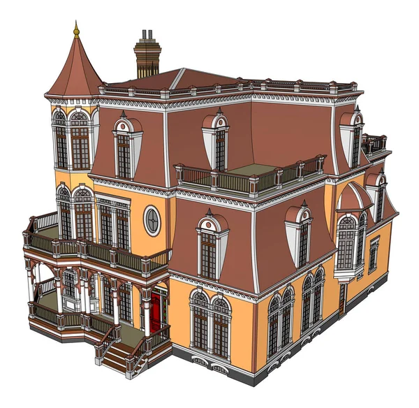 Antigua casa de estilo victoriano. Ilustración sobre fondo blanco. Especies de diferentes lados . — Archivo Imágenes Vectoriales